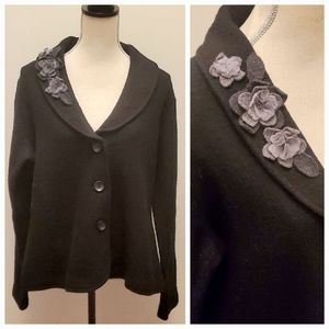 * HARVE BENARD * Black Jacket 100% Wool Coat w/ Flower Appliqué on Lapel Size 1X